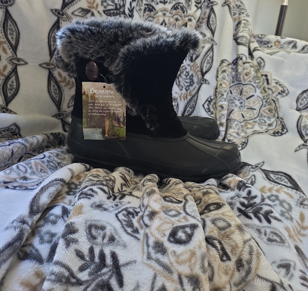 BearPaw Black Faux-Fur Winter Rain Boots
